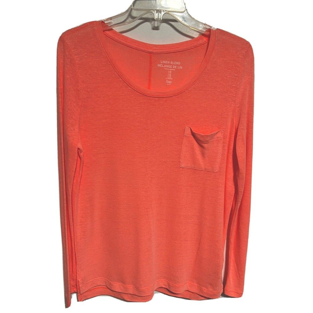 GAP Linen Blend T-Shirt Knit Long Sleeve Tee Lightweight Size XS Neon Peach
